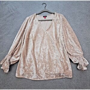 Vince Camuto Blouse Womens 1X Champagne Velvet V-Neck Smocked Cuffs‎